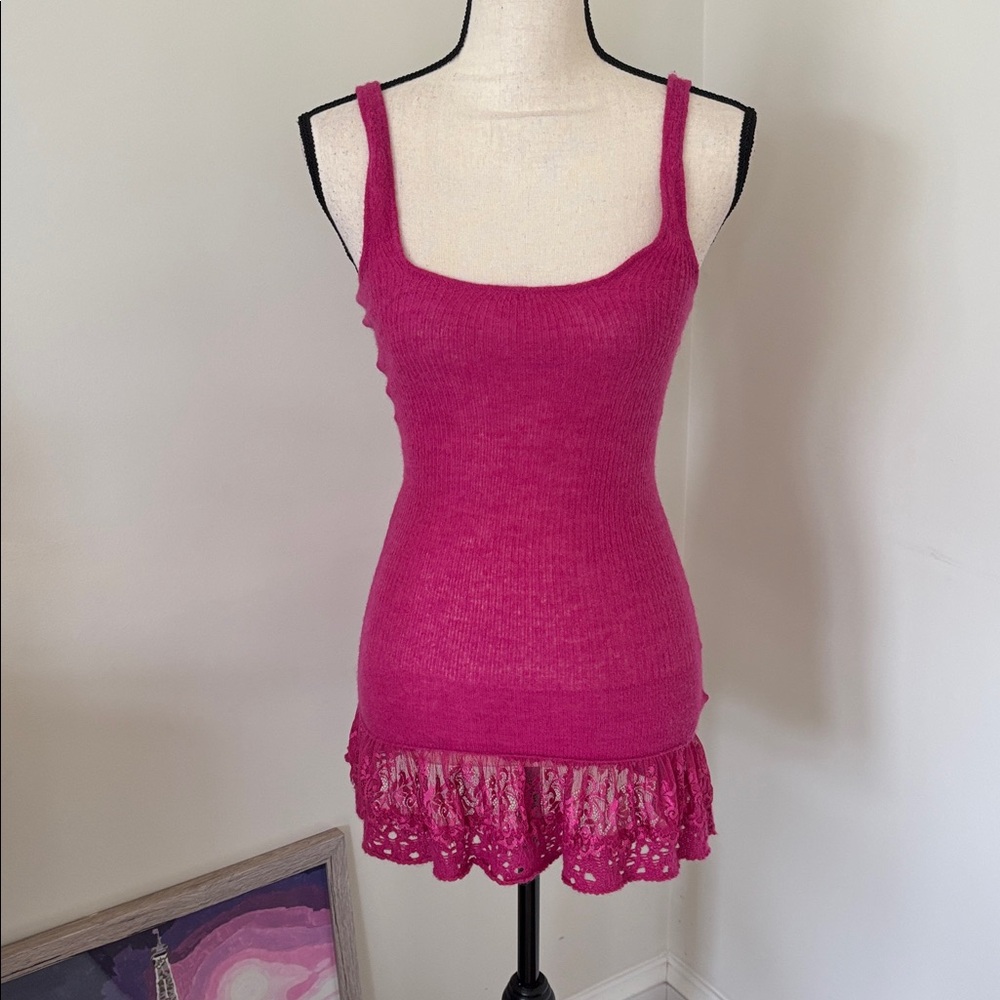 Free People Pink Knit Tank Top with Lace Hem Size XS